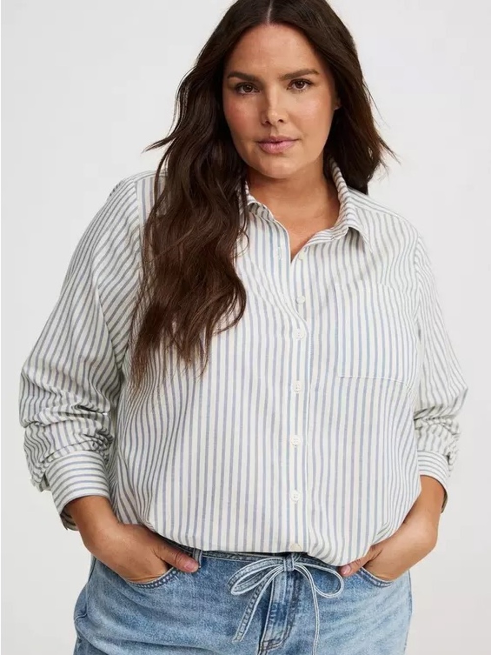Torrid Lizzie Cotton Rayon Button-Up Shirt in Blue and White Stripe - Size 3